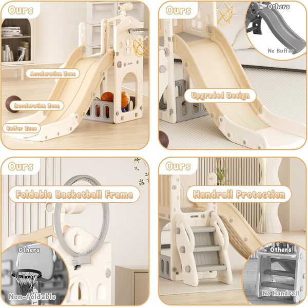 KORIMEFA Toboggan pour Enfants 5 en 1 Toboggan Amusant avec Panier de Basket, Échelle d'escalade Aire de Jeux d'Extérieur et l'Intérieur pour bébé (Café)