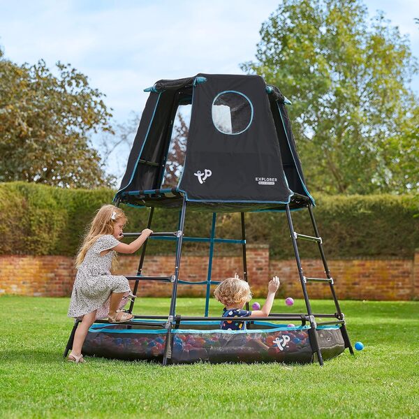 TP Toys Explorer Black Edition Cadre d'escalade en métal pour Le Jardin avec Tapis de Jeu, cabane et Filet, Jeu d'extérieur pour Enfants, Convient aux garçons et Filles âgés de 3 à 12 Ans