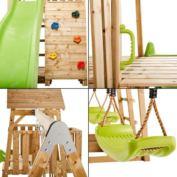 KANGUI Aire de jeux portique en bois WOODI - Double balançoire, toboggan, mur d'escalade, bac a sable, table pique nique, cabane, échelle