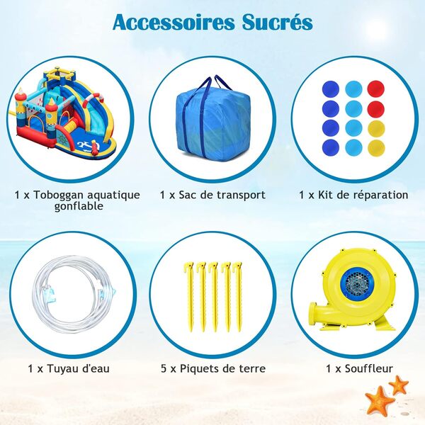 GOPLUS Château Gonflable Pirate,avec Toboggan,Pistolet à Eau et Trampoline,Piscine et Mur d'escalade, pour 3-4 Enfants 3-12 Ans Jusqu’à 120KG,360X290X200CM (Pirate+Gonfleur 450W)