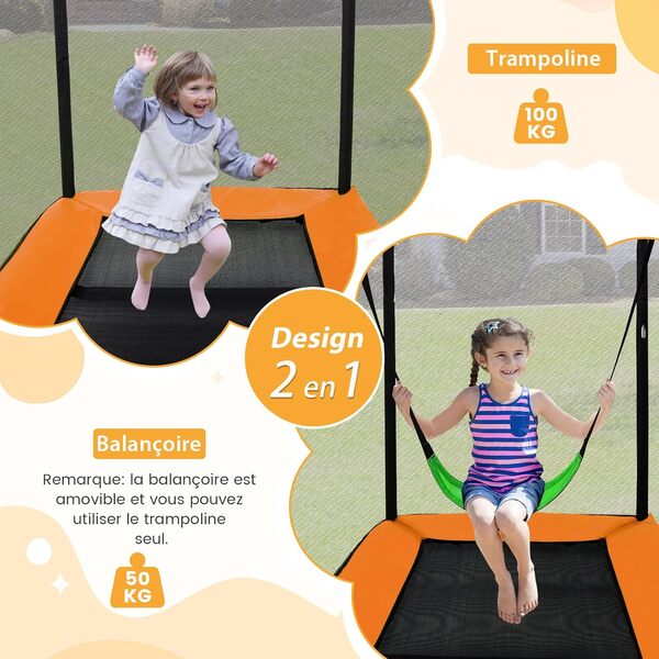 COSTWAY 2 en 1 Trampoline Extérieur Enfants Rectangulair (190x122cm) avec Balançoire Amovible, Trampoline de Jardin avec Filet de Sécurité, Charge Max 100kg pour Garçon et Fille de 3 Ans+