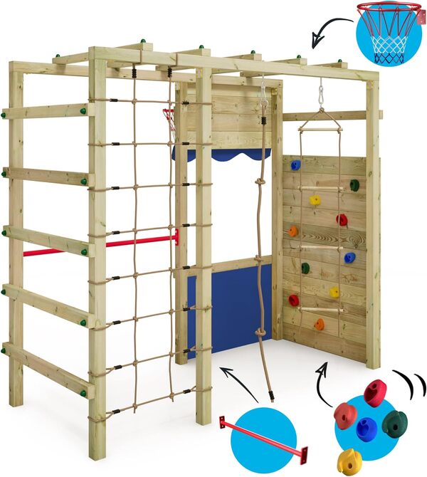 WICKEY Aire de Jeux Smart Action portique en Bois avec bâche en Bleu, Tour d'escalade pour Enfants avec Panier de Basket-Ball, échelle et Accessoires de Jeu pour Le Jardin.