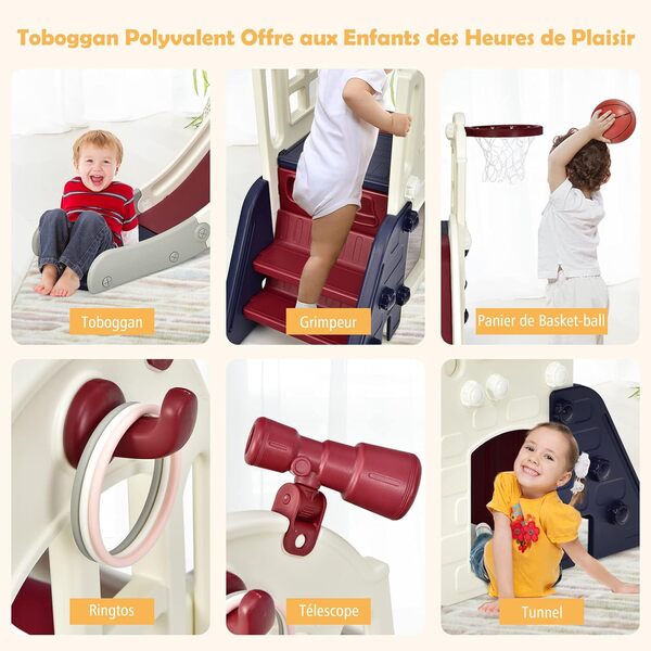COSTWAY 6 en 1 Toboggan Enfants avec Glisse 140cm & Panier de Basketball, Aire de Jeux avec Echelle d’Escalade & Télescope, Jeu Intérieur Extérieur pour Enfants de 3-8 Ans