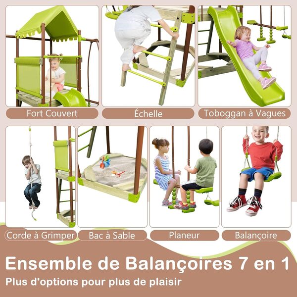 COSTWAY 7 en 1 Aire de Jeux Portique en Bois avec Toboggan & Balançoire Réglable, Tour d'escalade avec Cabane Couverte & Échelle & Bac à Sable, Cadre en Métal pour Jardin pour Enfant de 3-12 Ans