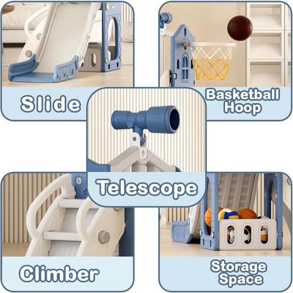 FAYDUDU 5 en 1 Toboggan Bebe 1-3 Ans, Toboggan Grand pour Enfant avec Panier de Basketball, Télescope, Espace de Rangement, Escaliers, pour Exterieur & Interieur (Gris Bleu)