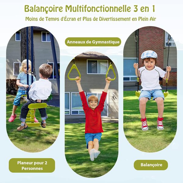 COSTWAY Portique Balancoire Exterieur Enfants 3-en-1 avec 1 Face à Face, 2 Anneaux, 1 Balancelle, Balancoire Portique Metal pour Enfant Charge 200kg pour Jardin, Parc, pour Garçon Fille de 3 à 10 Ans