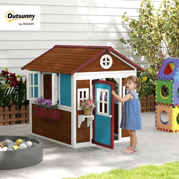 Outsunny Cabane Enfant extérieur, Maison Enfant extérieure, avec Porte, fenêtres et jardinières, cabane de Jardin pour Enfant 3-8 Ans, 114 x 126,4 x 135 cm, Marron