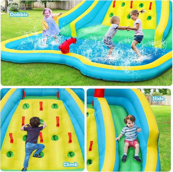 LIFEZEAL Château Gonflable avec Souffleur 680W pour Enfants 3-10 Ans, Parc Aquatique avec Double Toboggan, Mur Escalade, Grand Piscine, Canon à Eau, Charge 150 kg, 427 x 366 x 229 cm