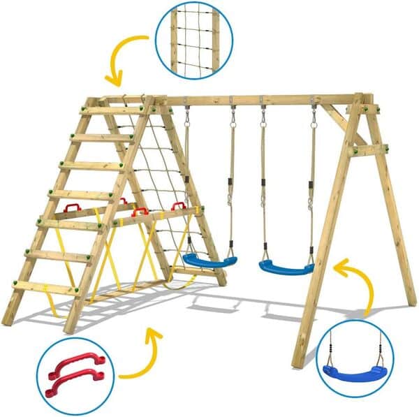 WICKEY Portique de balançoire pour Enfants Smart Hike Bleu - Balançoire & SurfSwing, Portique de balançoire, Balançoire en Bois avec annexe à Grimper pour Les Enfants dans Le Jardin