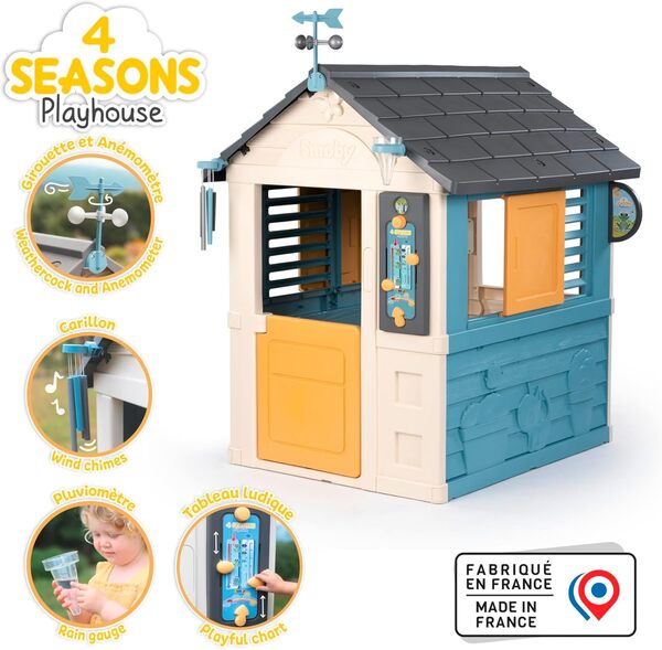Smoby Life - Maison 4 Saisons - Cabane de Jardin Enfant - Activités Ludiques sur Le Thème de la Météo - Outil Pédagogique - Matière Recyclée - A Partir de 2 Ans - Fabrication Française