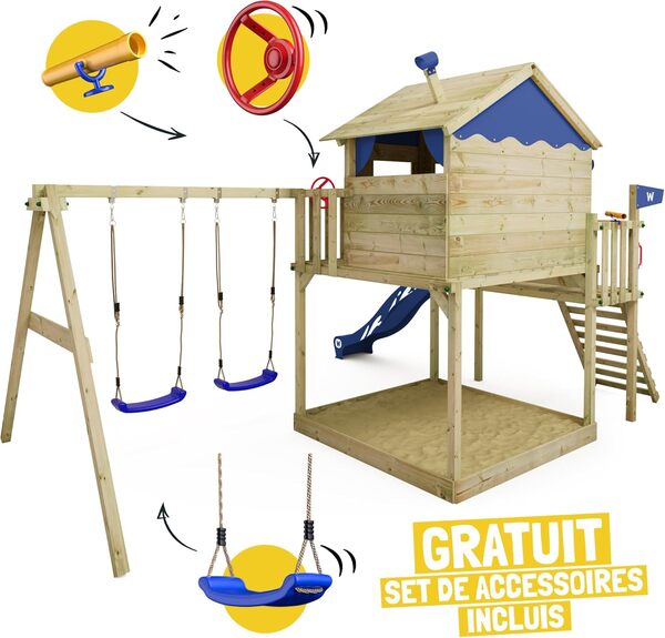 WICKEY Aire de Jeux Smart Coast portique en Bois avec balançoire et Toboggan, Tour d'escalade pour Enfants avec bac à Sable, échelle et Accessoires de Jeu pour Le Jardin. (Vert Pastel)