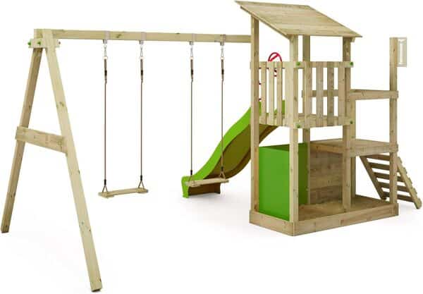 FATMOOSE Aire de Jeux FruityForest Fun XXL portique en Bois avec balançoire et Toboggan Vert Pomme, Tour d'escalade pour Enfants avec bac à Sable, échelle et Accessoires de Jeu pour Le Jardin.