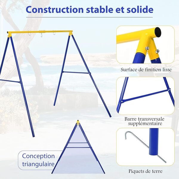 COSTWAY Portique Balançoire Exterieur en Métal avec Cadre en Forme A, Balançoire Enfant Extérieur avec Mousquetons & Capuchons de Pieds, Intérieur Extérieur, Charge 250kg pour Enfants de 3 Ans+