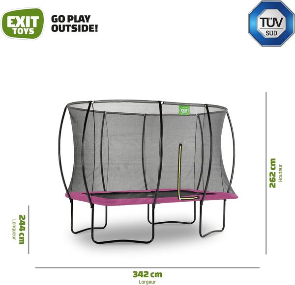 EXIT TOYS Trampoline Silhouette - 214x305cm - Trampoline Rectangulaire Extérieur pour Enfants - avec Filet de Sécurité et Système de Protection des Pieds - Prix Compétitif - Entrée Sécurisée - Rose