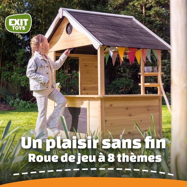 EXIT Toys Maisonnette Hika en Bois - Roue de Jeu de Rôle 8 Thèmes, Tableau Noir, Boîte aux Lettres - Cabane pour Enfants dans Le Jardin - À partir de 2 Ans - Cèdre - 111x140x155cm