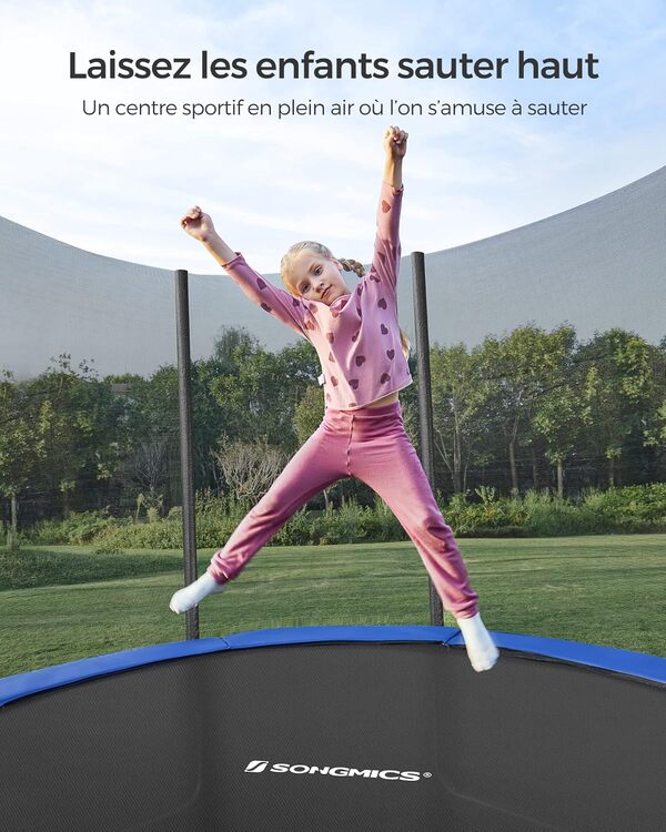 SONGMICS Trampoline Extérieur Enfant Diamètre 183/244/305/366/427 cm, Filet de Protection Externe, Coussins de Sécurité, Échelle, Poteau Droit de 180 cm de Haut, Cadre en Acier