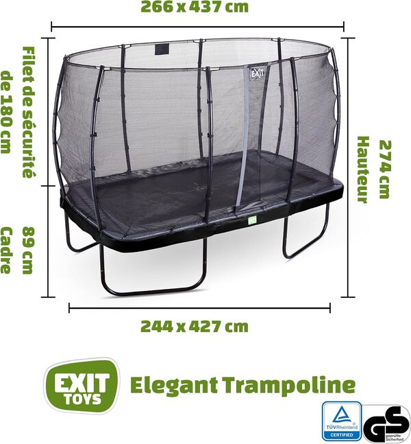 EXIT TOYS Elegant Trampoline Rectangulaire - Filet de Sécurité Économy - Système de Protection des Pieds - Résistant à la Rouille - Résistant à l'eau - Montage Facile - 244x427cm - Noir