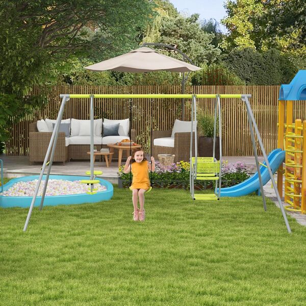 Outsunny 3 en 1 balançoire portique Enfant, avec 2 Face à Face et 1 siège de balançoire, balançoire de Jardin, Structure en métal, Charge Max. 225 kg, Aire de Jeux extérieure, Vert
