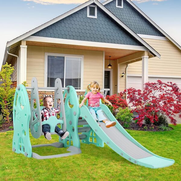 Toboggan et Balançoire pour Enfants, Toboggan 4 en 1 avec Balançoire & Panier de Basketball & Échelle d'escalade | Idéal pour Jouer Extérieur/Intérieur | Charge Max 60kg