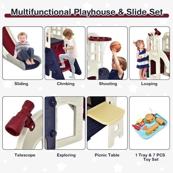 GOPLUS Cabane de Jardin Enfants avec Toboggan, Maison de Jardin avec 1 Porte et 2 Fenêtres avec Table de Pique-Nique, Assiettes et Jouets (+Toboggan, Bleu)