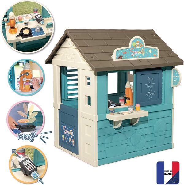Smoby - Maison Sweety Corner - Cabane de Jardin Enfant - Thème Goûter - Machine à Glaces - 18 Accessoires - Matière Recyclée - A Partir de 2 Ans - Fabrication Française