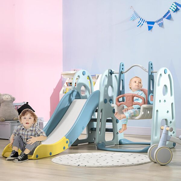 HOMCOM Portique Enfant Toboggan et balançoire avec Panier de Basket-Ball Aire de Jeux 3 en 1 Usage intérieur et extérieur dim. 190 x 150 x 100 cm Blue