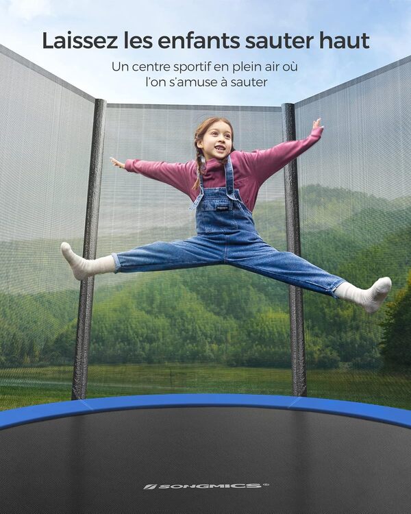 SONGMICS Trampoline Extérieur Enfant Diamètre 183/244/305/366/427 cm, Filet de Protection Externe, Coussins de Sécurité, Échelle, Poteau Droit de 180 cm de Haut, Cadre en Acier