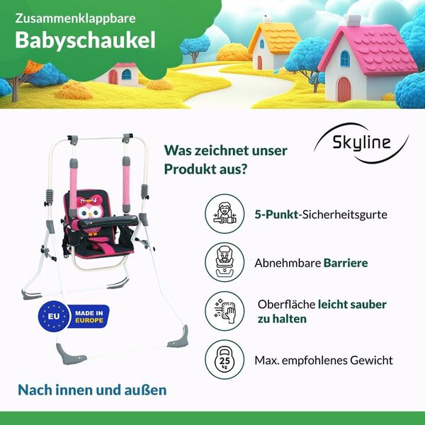 Skyline - Balançoire 2 en 1 Pour Enfant et Bébé - Pour l'Intérieur et l'Extérieur - Avec Ceinture de Sécurité et Arceau - Pliable et Compact