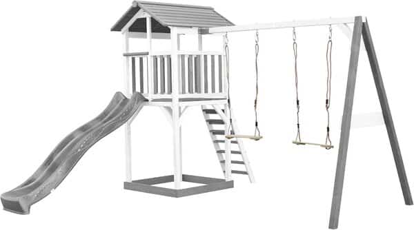AXI Beach Tower Aire de Jeux avec Toboggan en Gris, 2 Balançoires & Bac à Sable | Grande Maison Enfant extérieur en Gris & Blanc | Cabane de Jeu en Bois FSC