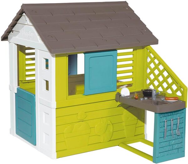 Smoby - Maison Pretty + Cuisine d'Eté - Cabane de Jardin Enfant - Persiennes et Volets Coulissants - 17 Accessoires - 810722