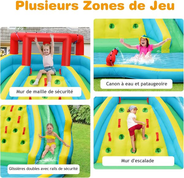 GOPLUS Château Gonflable avec Toboggans& Pataugeoire avec Canon à Eau, Mur d’Escalade, Aire de Jeux Gonflable,Cadeau pour 3 Enfants de 3 à 10 Ans 160KG