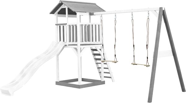 AXI Beach Tower Aire de Jeux avec Toboggan en Blanc, 2 Balançoires & Bac à Sable | Grande Maison Enfant extérieur en Gris & Blanc | Cabane de Jeu en Bois FSC