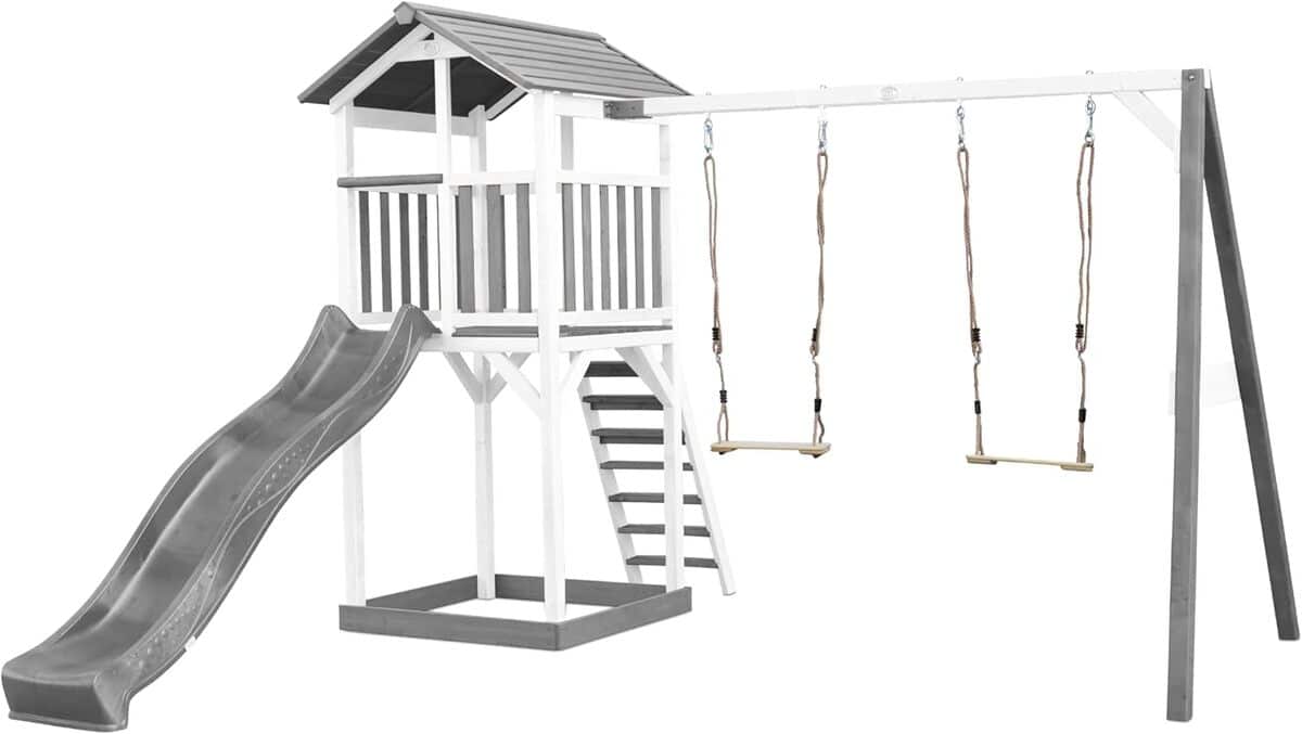 Test de l'aire de jeux AXI Beach Tower : maison enfant avec toboggan et balançoire