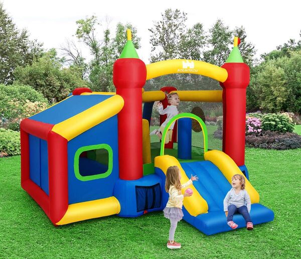 COSTWAY Château Gonflable Aire de Jeux en Nylon et Oxford avec Toboggan Panier Boules Sac et Gonfleur pour Enfants 380 x 305 x 215 CM…