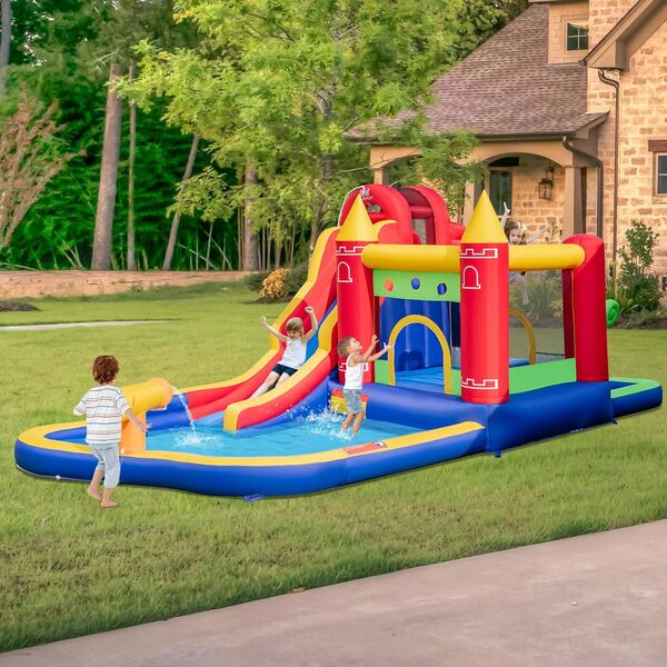 LIFEZEAL Château Gonflable avec Souffleur, Parc Aquatique avec Mur Escalade, Piscine, Zone de Saut, Toboggan, Canons à Eau, Aire de Jeux Intérieur Extérieur, pour Enfants 3-8 Ans, 624x270x235 cm