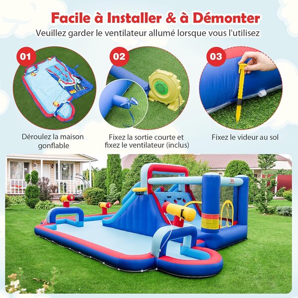 GOPLUS 5 en 1 Château Gonflable Extérieur XXL, Double Toboggan, Mur d'escalade, Pataugeoire, Panier de Basket-Ball, Canons à Eau,Humide et Sec,pour 3 Enfants, Charge 135KG(avec Souffleur 680W)