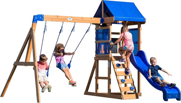 Backyard Discovery Aurora Aire de Jeux en Bois | Aire de Jeux Extérieur avec balançoire/Toboggan/bac de Sable/échelle | Balancoire Exterieur avec Toboggan, Portique Balancoire Exterieur