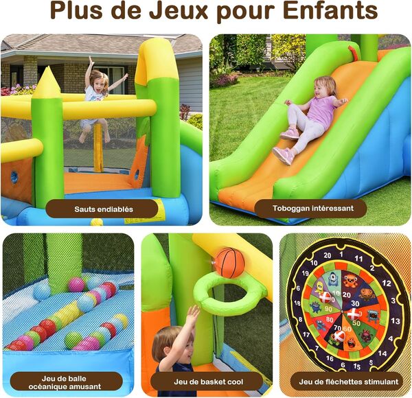 GOPLUS Château Gonflable Hexagone avec Toboggan et Panier de Basket, Parc Gonflable avec Piscine à Balles et Aire de Saut, Intérieur/Extérieur, pour 3 Enfants de 3 à 10 Ans 135KG sans Souffleur
