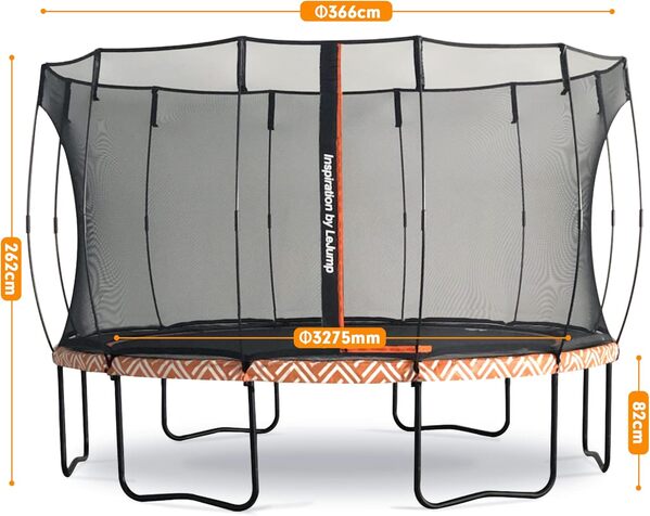 LeJump Zero-Spring Trampoline 366cm Orange Round Lightning Trampoline Extérieur Enfant Grand Trampolines de Jardin avec Filet de sécurité et Tapis de Saut pour Enfants et Adultes