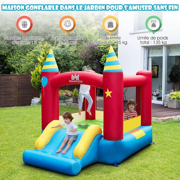 COSTWAY Château Gonflable avec Toboggan Lisse & Souffleur 480W, Aire de Jeux Gonflable en Tissu Oxford avec Maison de Rebond, Sac de Transport pour 3 Enfants de 3-10 Ans, Charge 135KG, 206x190x205CM