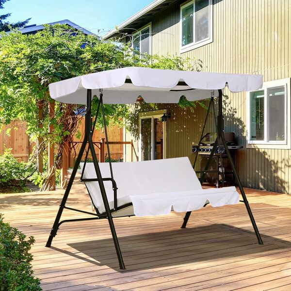 Outsunny Balancelle de Jardin 3 Places Toit Inclinaison réglable Coussins Assise et Dossier 1,72L x 1,1l x 1,52H m Acier Noir Polyester Blanc