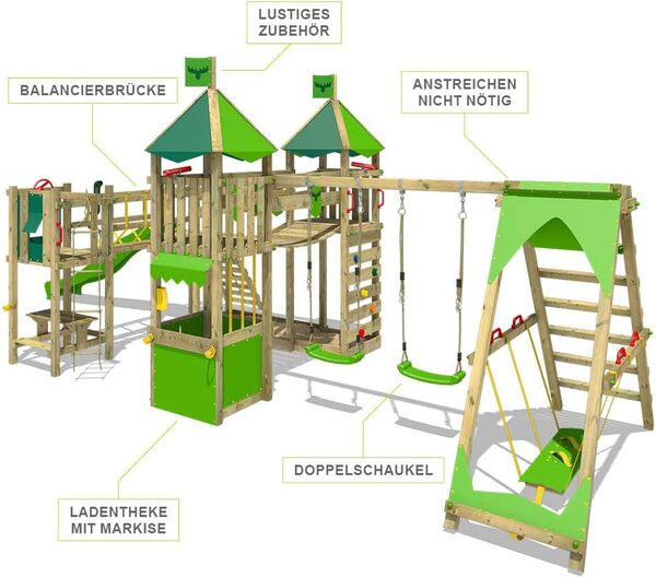 FATMOOSE Aire de Jeux Portique Bois FunnyFortress avec balançoire SurfSwing et Toboggan Vert Pomme, Maison Enfant Exterieur avec bac à Sable, échelle d'escalade & Accessoires de Jeux