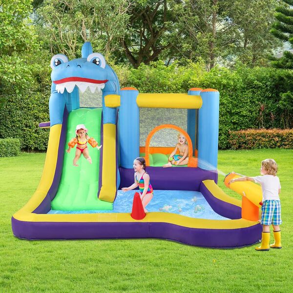 LEADZM Château Gonflable, Parc Aquatique Gonflable Thème Requin avec Trampoline, Toboggan, Piscine, Pistolet à Eau, Adapté pour 3 Enfants de 3 à 10 Ans, avec Souffleur, 380x260x240 cm