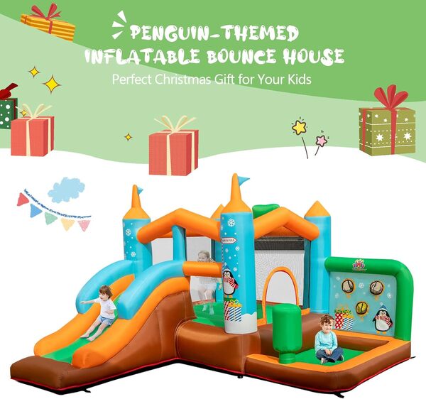 GOPLUS Château Gonflable 6 en 1 pour Enfants avec Toboggan, Trampoline Jeu Boxe, Aire de Jeux Gonflable Pingouin pour 3 Enfants 3-12 Ans Jusqu’à 90kg (Pingouin+ souffleur 450w)