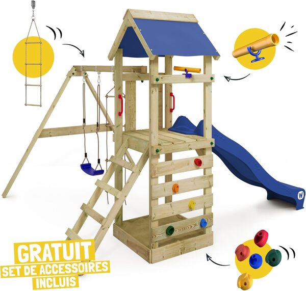 WICKEY Aire de Jeux FreeFlyer portique en Bois avec balançoire et Toboggan Anthracite, Tour d'escalade pour Enfants avec bac à Sable, échelle et Accessoires de Jeu pour Le Jardin.