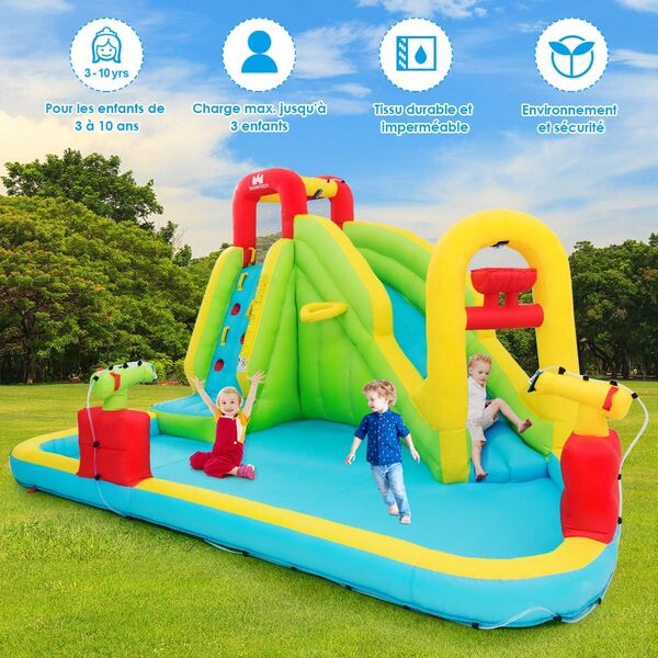 COSTWAY 7 en 1 Château Gonflable avec Toboggan Aquatique & Mur d’Escalade, Aire de Jeux Gonflable Grande avec Piscine & Pistolet à Eau, Charge 158kg pour 3 Enfants de 3-10 Ans, 400x335x230 cm…