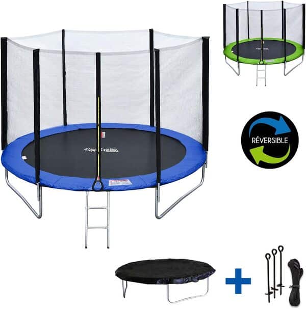 Happy Garden Pack Premium Trampoline de Jardin Rond pour Enfants 245cm réversible Canberra Filet, échelle, bâche et kit d'ancrage, Montage Facile…