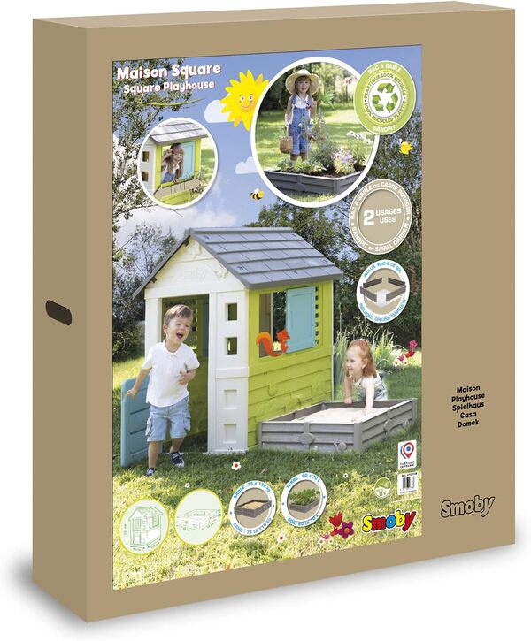 Smoby - Maison Square - Cabane de Jardin Enfant - Persiennes et Volets Coulissants - Bac 76x76cm - 810728