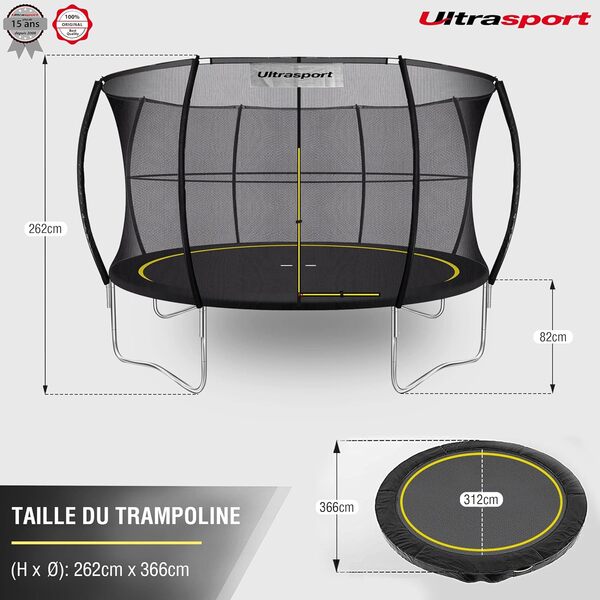 Ultrasport Printemps Moins Trampoline, sûr Sauter, Ø244/305/366, certifié TÜV Rheinland+ GS, système Corde élastiqu, Trampoline Jardin Rond, Compris poteaux rembouré, Filet sécurité et couvrture Bord
