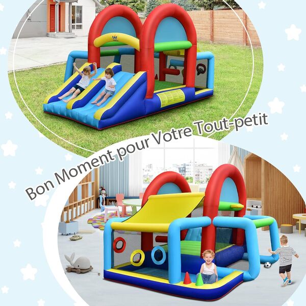 GOPLUS 8 en 1 Château Gonflable avec Double Toboggans,Trampoline,But de Football,Panier de Basket,pour 4 Enfants 3-10 Ans Charge 120KG 424x300x240cm (avec Souffleur 450W)